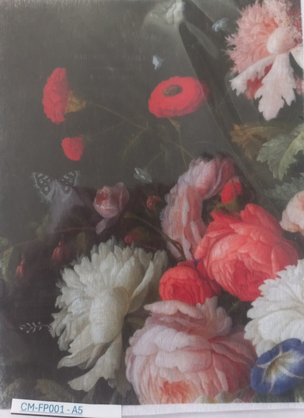 A vintage-style floral art print depicting a bouquet of red, pink, white, and blue flowers with a dark background, shown inside a clear protective sleeve.