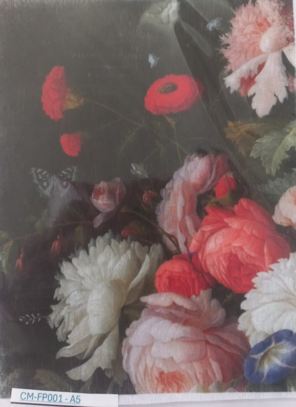 A vintage-style floral art print depicting a bouquet of red, pink, white, and blue flowers with a dark background, shown inside a clear protective sleeve.