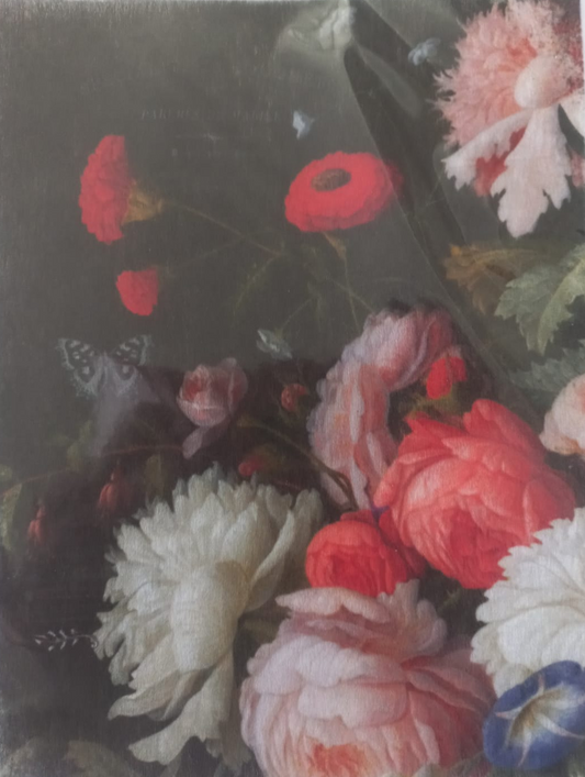 A vintage-style floral art print depicting a bouquet of red, pink, white, and blue flowers with a dark background, shown inside a clear protective sleeve.