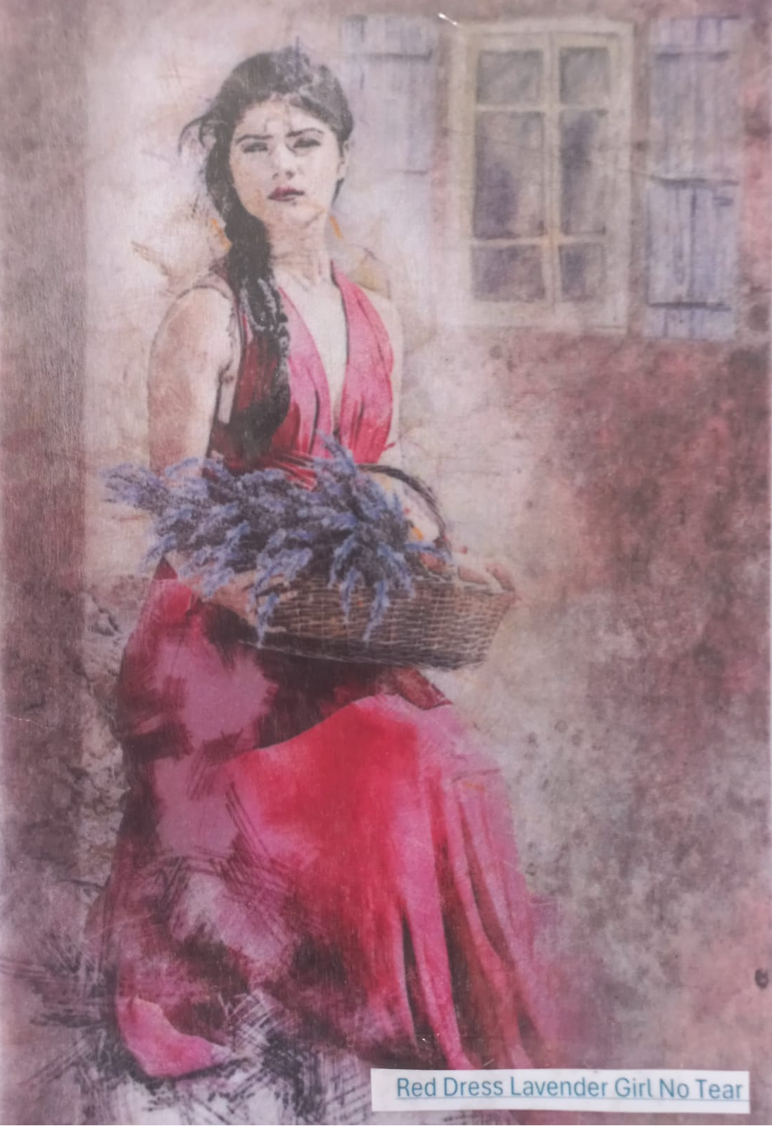 A vintage-style art print depicting a woman in a vibrant red dress holding a basket of lavender, with a text label at the bottom reading 'Red Dress Lavender Girl No Tear'.