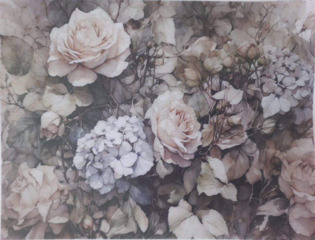 A floral art print or wallpaper design featuring a dense arrangement of soft-focus flowers, including pale pink and lavender hydrangeas with muted green and gray leaves. The top and bottom borders show the text 'LAVI Hyacinth & Rose'.