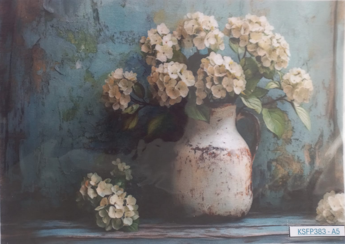 A still life floral artwork showing white hydrangea blooms in a distressed white ceramic vase against a textured blue-green background, with a small printed label in the lower right corner reading KSFP383-A5.