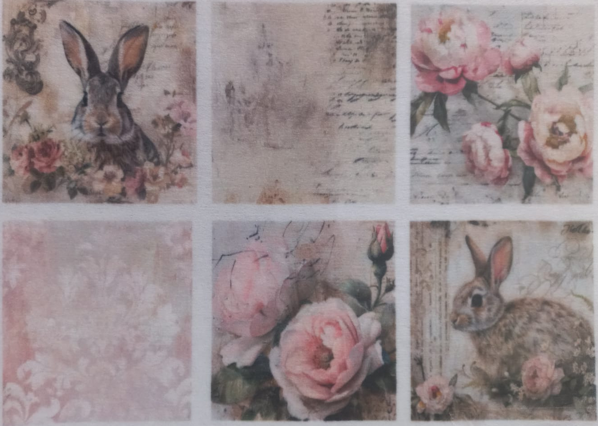 A sheet of six decorative paper designs or stickers featuring vintage-style illustrations, including rabbits, pink flowers, script text, and damask patterns, with a small label reading KSFP335-A5 in the bottom right corner.