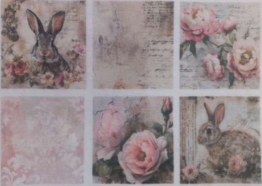 A sheet of six decorative paper designs or stickers featuring vintage-style illustrations, including rabbits, pink flowers, script text, and damask patterns, with a small label reading KSFP335-A5 in the bottom right corner.