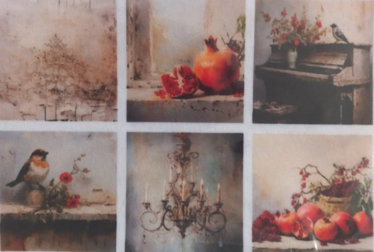 A sheet of six framed-style art prints arranged in a 2x3 grid, featuring still life and nature scenes including a pomegranate, flowers, a bird, a piano, a chandelier, and fruit. The sheet is photographed against a white background with a small label at the bottom right reading KSFP327-A6.