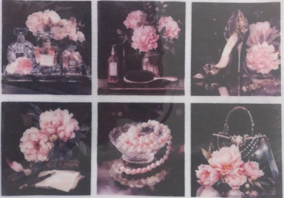 A sheet of six fashion-themed photographic prints featuring pink peonies and elegant accessories, including perfume bottles, a high-heeled shoe, pearls, and a handbag, arranged in a 2x3 grid on a white background.
