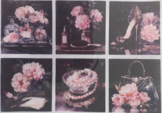 A sheet of six fashion-themed photographic prints featuring pink peonies and elegant accessories, including perfume bottles, a high-heeled shoe, pearls, and a handbag, arranged in a 2x3 grid on a white background.