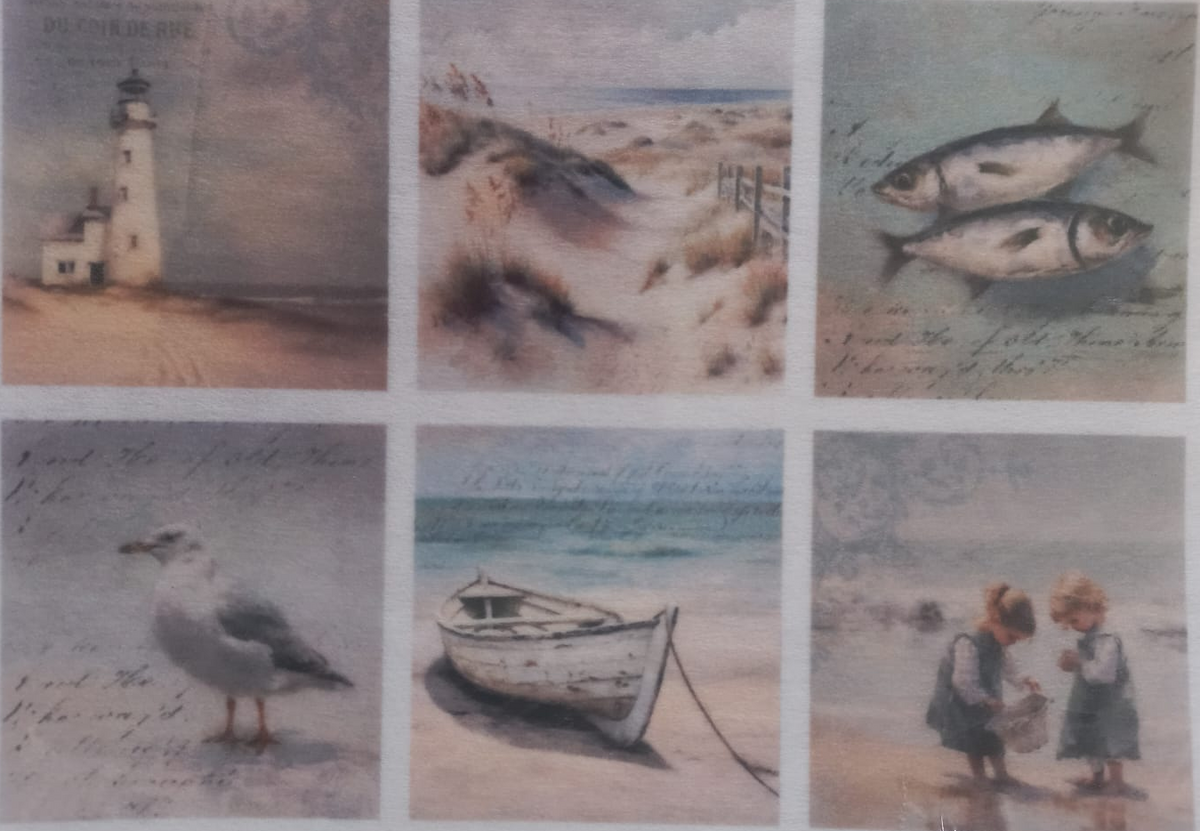 A square printed card or art print featuring six vintage-style beach and seaside illustrations arranged in a 2x3 grid: a lighthouse, dunes with a horse, two fish, a seagull, a small boat, and two children on the beach. The print has a white border and a small label in the lower right reading KSFP303-A5.
