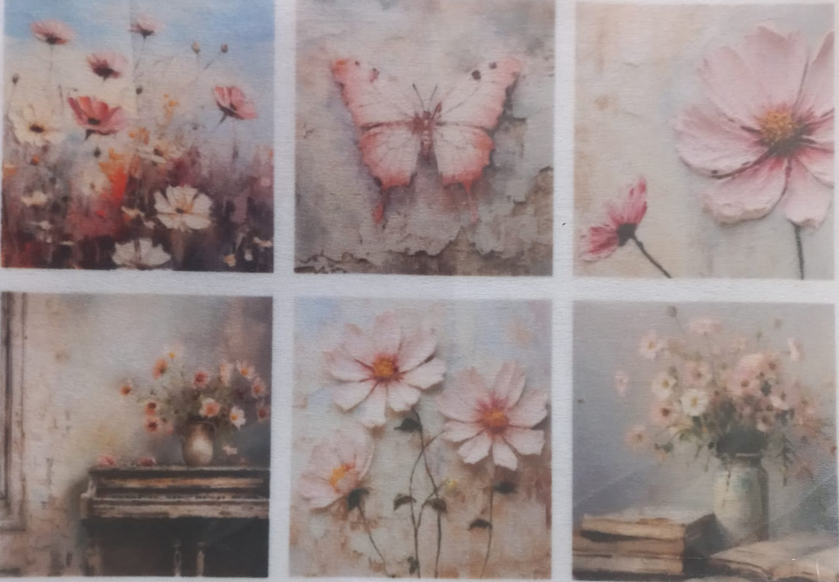 A sheet of six decorative wall decals or art prints featuring floral and butterfly motifs in a soft, vintage aesthetic. The designs include pink and white flowers, a pink butterfly, and floral arrangements on a table, all set against a light gray background with a product code label in the bottom right corner.