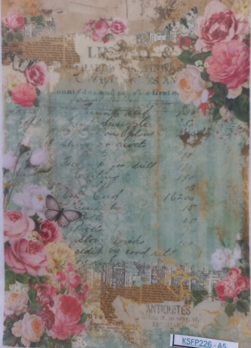 A vintage-style mixed media art print featuring a collage of pink and white roses, handwritten script, newspaper clippings, and a butterfly on a distressed teal and beige background.