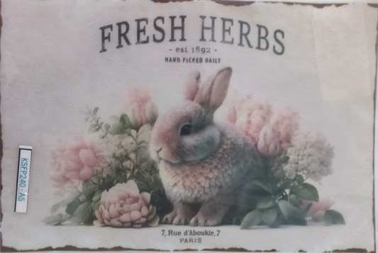 A vintage-style illustrated label or print featuring a rabbit nestled among pink flowers, with the text 'FRESH HERBS est. 1892' and '7, Rue d'Aboukin, PARIS.