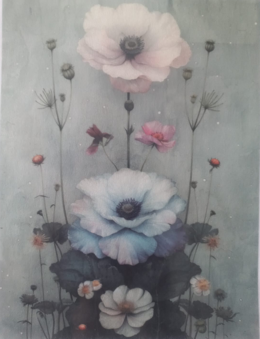 A botanical art print featuring large anemone-like flowers in soft pastel tones, including pale pink, light blue, white, and dark green leaves, set against a muted sage-gray background. The print has a white border with small printed text along the top and bottom.