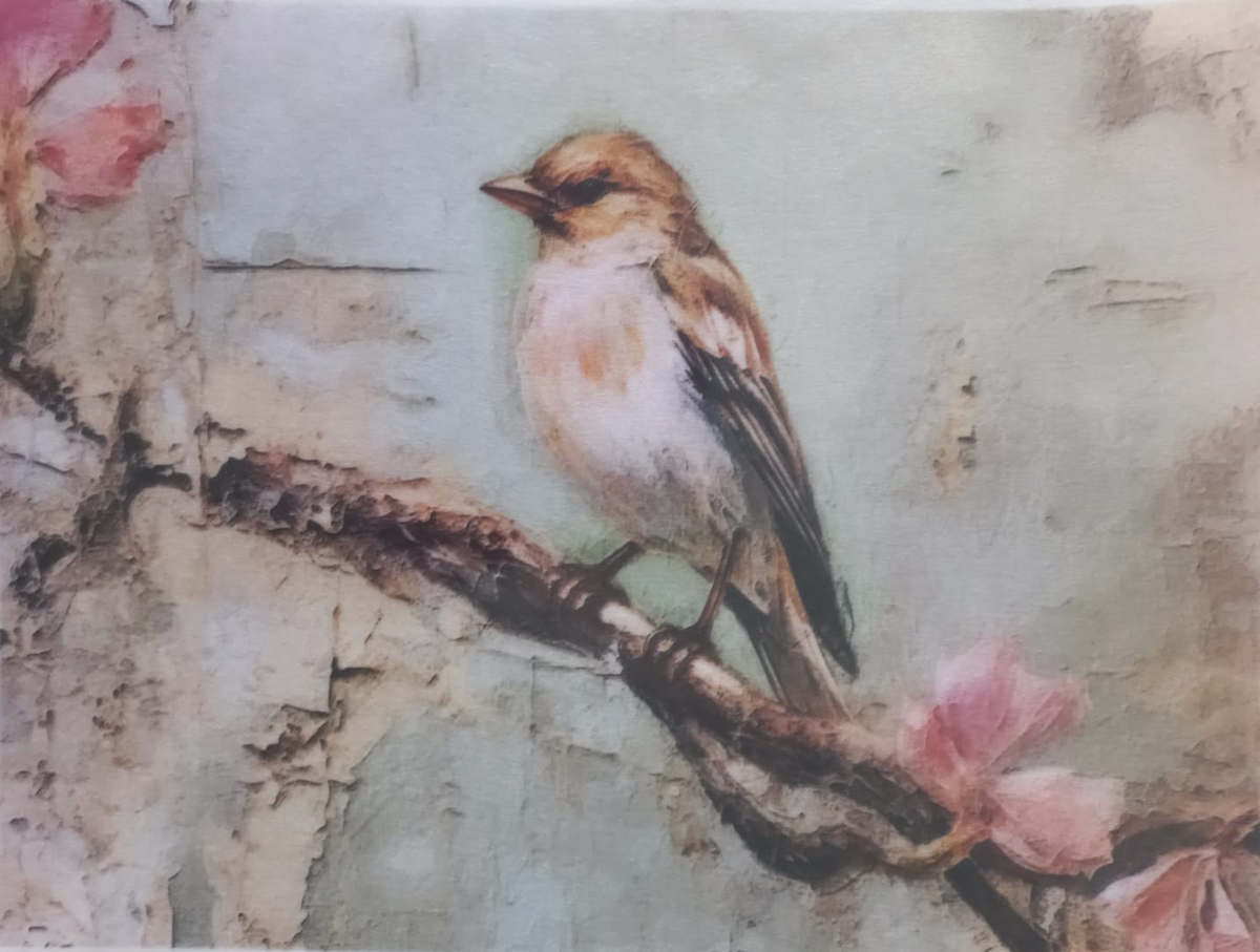 A square art print or painting depicting a small brown and white bird perched on a branch with pink blossoms, set against a textured light gray background. The print has a white border with printed text along the edges.