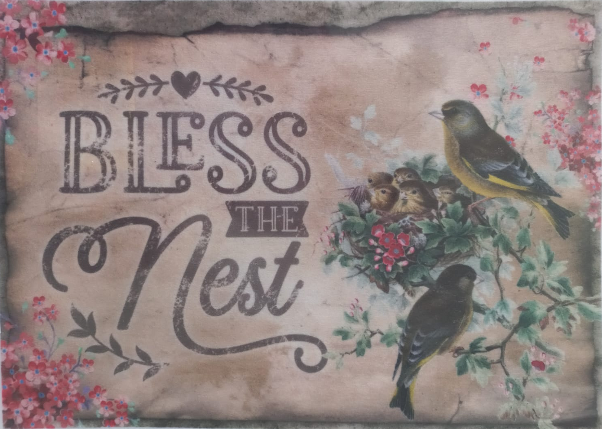 A square decorative sign or print with the phrase “Bless the Nest” in dark script and stencil lettering, surrounded by floral borders and two yellow-and-black birds perched on a nest with eggs. The background is a distressed warm beige/tan tone.