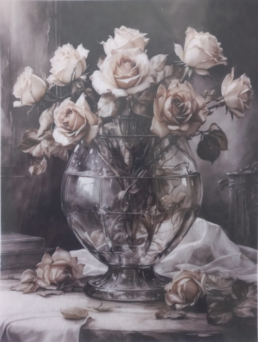 A square art print or poster featuring a still life illustration of pale cream roses arranged in a clear glass vase on a draped table, with the words 'Crystal Rose' repeated along the top and bottom borders.