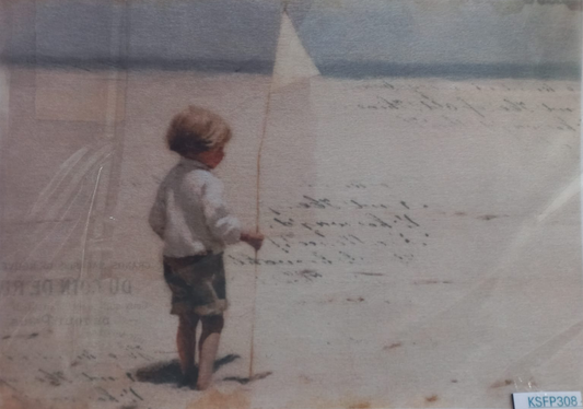 A vintage-style painting or print depicting a young child standing on a beach holding a string of a sailboat, with a large faded text overlay on the left side and a small label reading KSFP308 in the bottom right corner.
