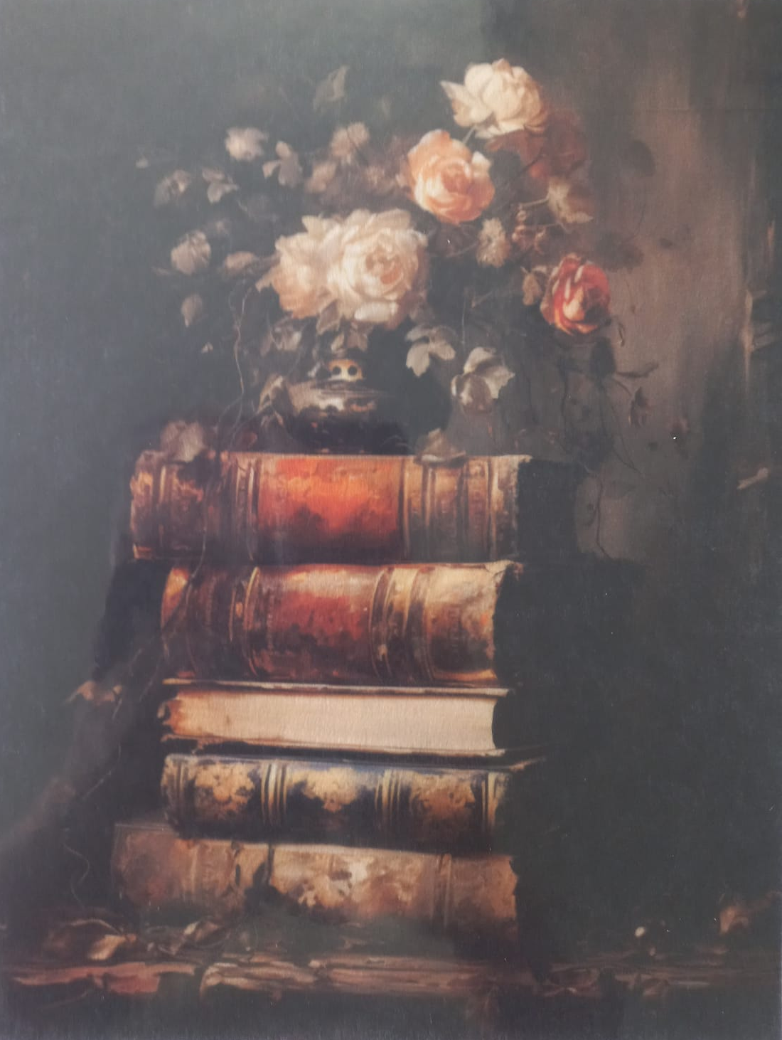 A still life art print depicting a bouquet of cream and peach roses next to a row of antique brown leather-bound books on a dark background.