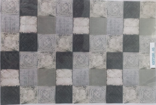 A square fabric sample or wallpaper swatch featuring a checkerboard pattern of gray, charcoal, and off-white textured squares, enclosed in a clear plastic sleeve with a vertical label reading KSP0168-A5.