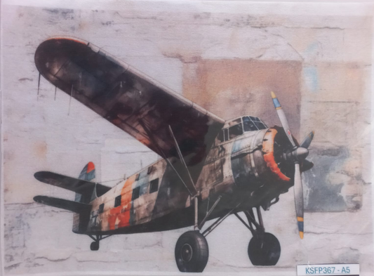 A vintage-style printed artwork or card showing a distressed, weathered military airplane in muted gray, black, brown, orange, and blue tones, photographed against a light neutral background with a protective sleeve visible around the edges.