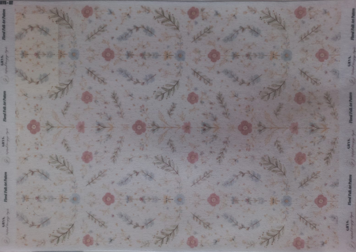 A sheet of decorative paper stickers or decals featuring a repeating botanical pattern with pink flowers, green leaves, and small blue accents on a white background, with printed text along the borders.