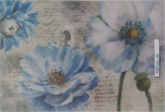 A square art print or card featuring large light blue flowers with yellow centers over a vintage-style beige background with faint cursive writing, photographed inside a clear plastic sleeve.