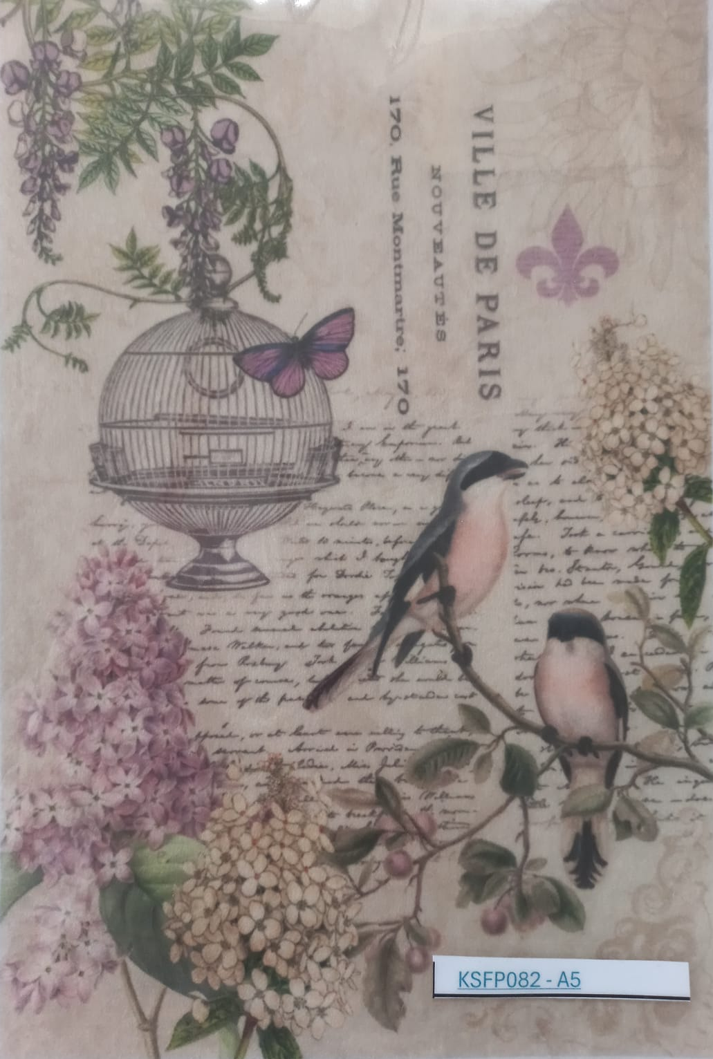 A square decorative art print or card featuring a vintage collage design with birds, flowers, a birdcage, script text, and the words 'VILLE DE PARIS' on a warm beige background, photographed inside a clear plastic sleeve.