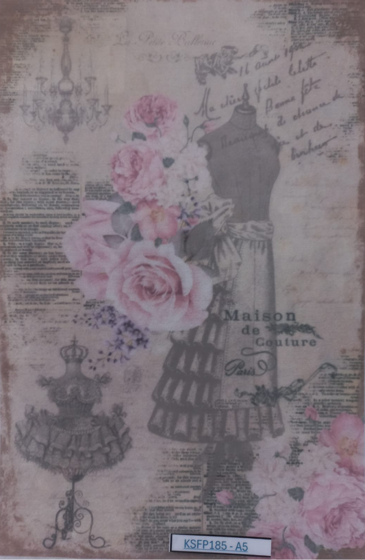 A vintage-style decorative print or card featuring pink roses, a gray dress form/mannequin, chandelier, and cursive French text on a distressed beige background.