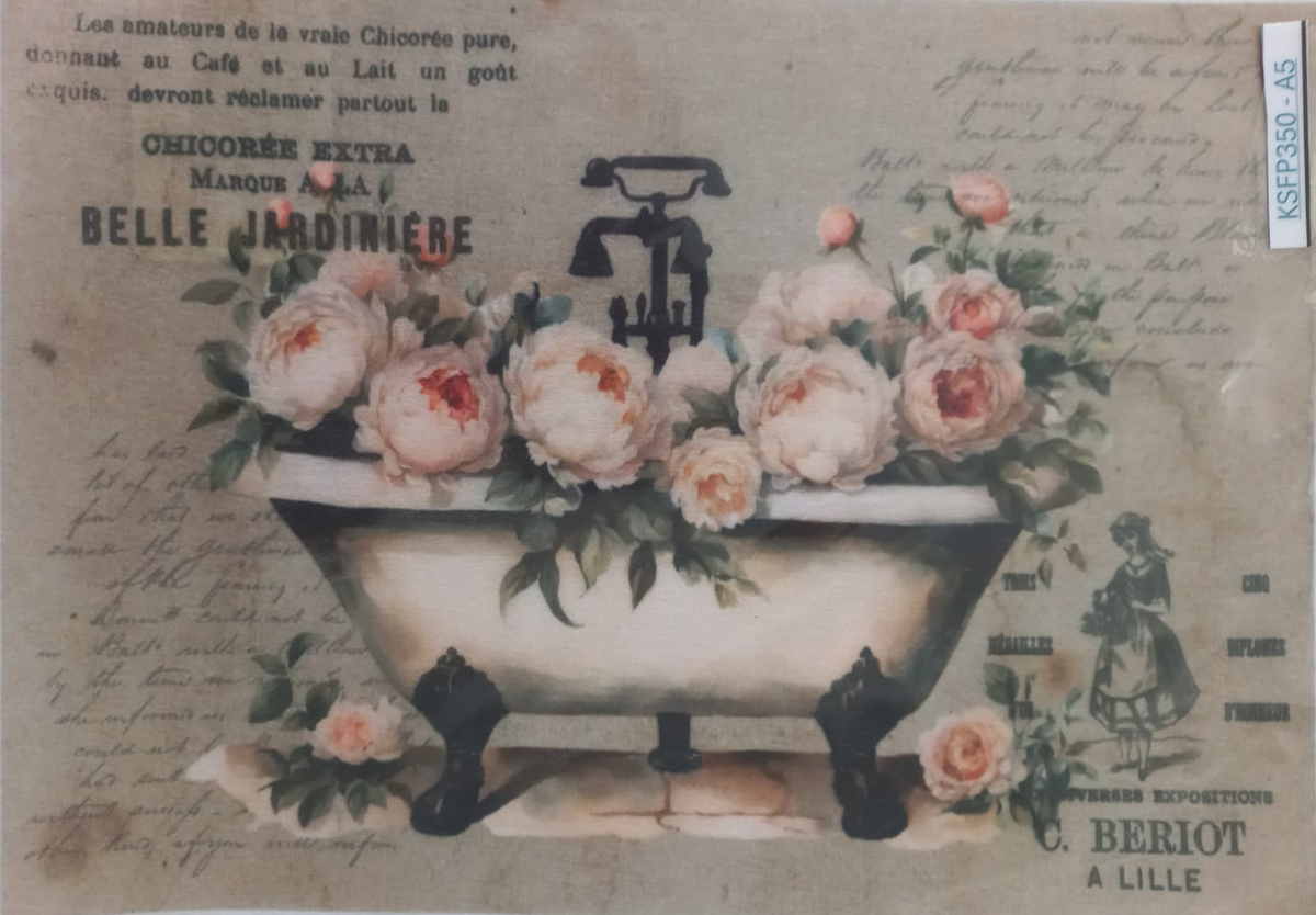A vintage-style illustrated print or postcard showing a clawfoot bathtub filled with pale pink and cream peonies, overlaid with aged script text and French typography. The print is photographed inside a clear plastic sleeve on a white background.
