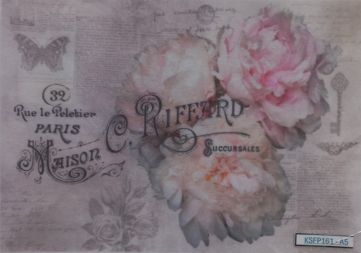 A square decorative art print or card featuring vintage-style floral artwork with large pink and cream peony-like flowers over a faded beige script background. Ornate black decorative text appears on the left and top, including 'C.