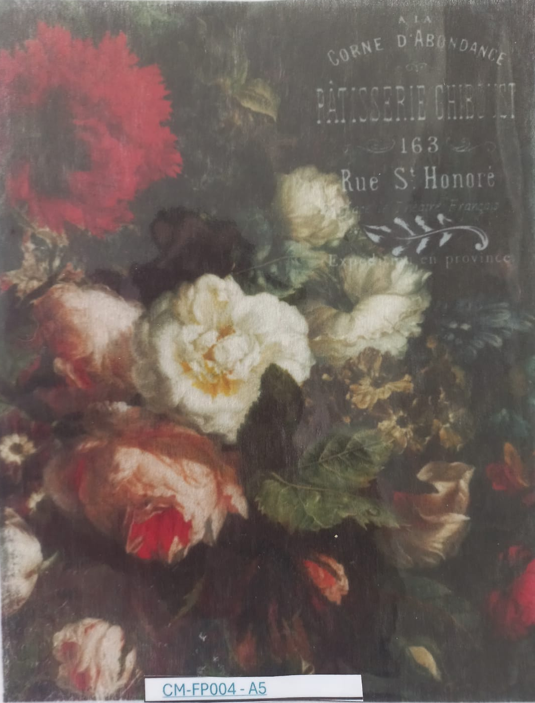 A vintage-style floral art print or book cover featuring a bouquet of red, white, and pink flowers with French text, photographed inside a clear protective sleeve. A small label at the bottom reads CM-FP004-A5.