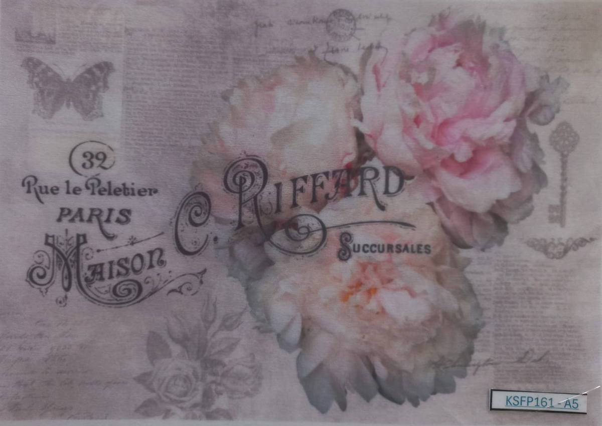 A square decorative art print or card featuring vintage-style floral artwork with large pink and cream peony-like flowers over a faded beige script background. Ornate black decorative text appears on the left and top, including 'C.
