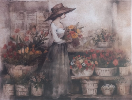 A vintage-style floral art print depicting a woman in a wide-brimmed hat and long skirt standing among baskets and potted flowers in a rustic shop interior.