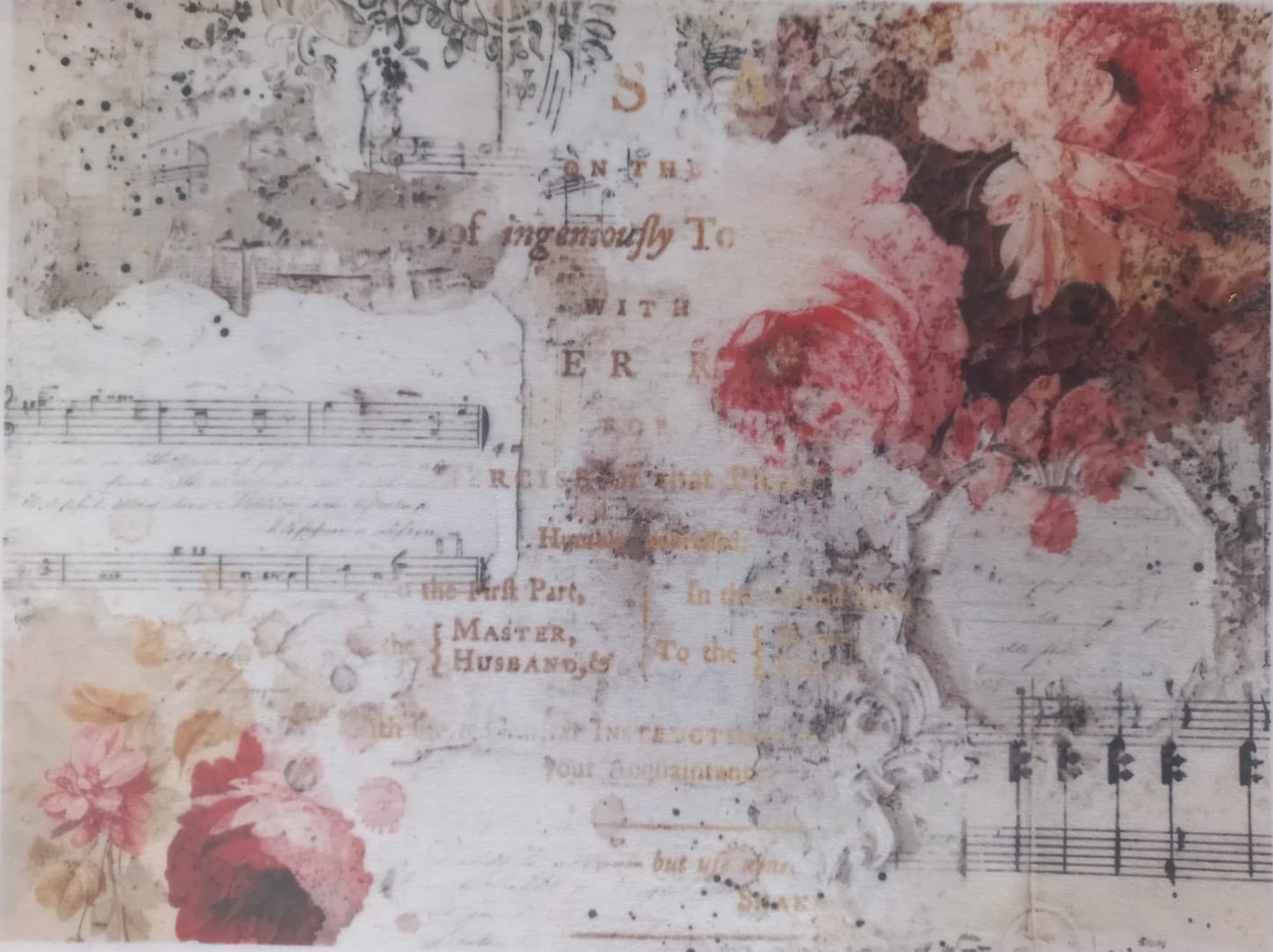 A square decorative art print or card featuring a vintage-style collage with sheet music, musical notes, handwritten text, and large pink and red floral illustrations on an aged off-white background.