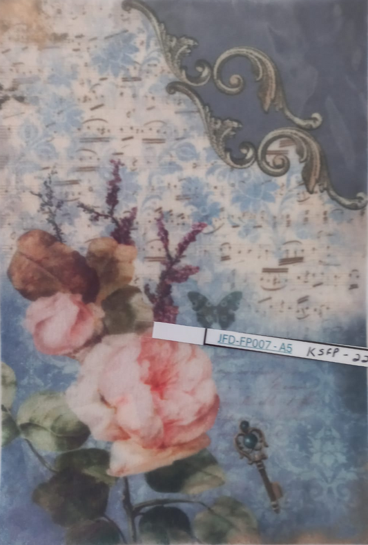 A square decorative art print or card featuring a vintage-style floral collage with pink roses, blue damask and musical sheet music background, ornate silver scrollwork, a butterfly, and a key. The print is photographed inside a clear protective sleeve with a white label strip across the lower middle.