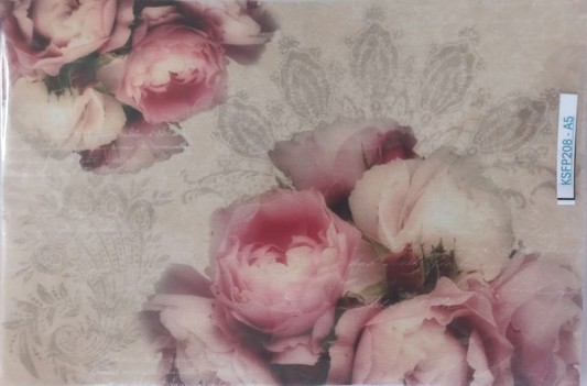 A rectangular printed card or art print featuring pink roses over a beige damask-style background, photographed inside a clear plastic sleeve. A small vertical label on the left reads KSP7208-A5.