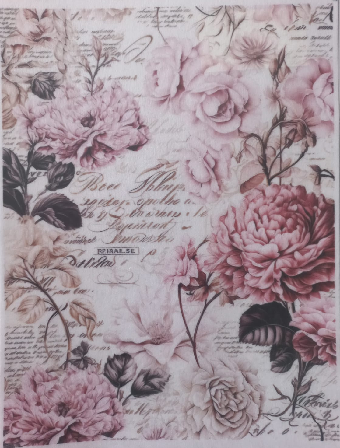 A sheet of Hange Flower in Pink craft vinyl featuring a vintage floral design with large pink and mauve peonies, cursive handwriting, and antique script on a light pink background.