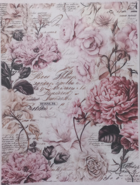 A sheet of Hange Flower in Pink craft vinyl featuring a vintage floral design with large pink and mauve peonies, cursive handwriting, and antique script on a light pink background.
