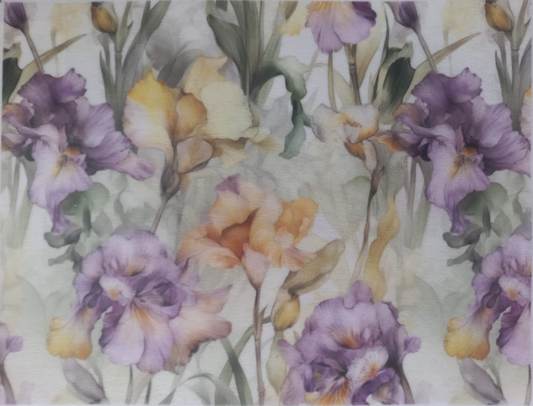 A sheet of decorative paper featuring a watercolor-style floral pattern with purple irises, yellow flowers, and green leaves on a light background, bordered with printed text on the left and right edges.