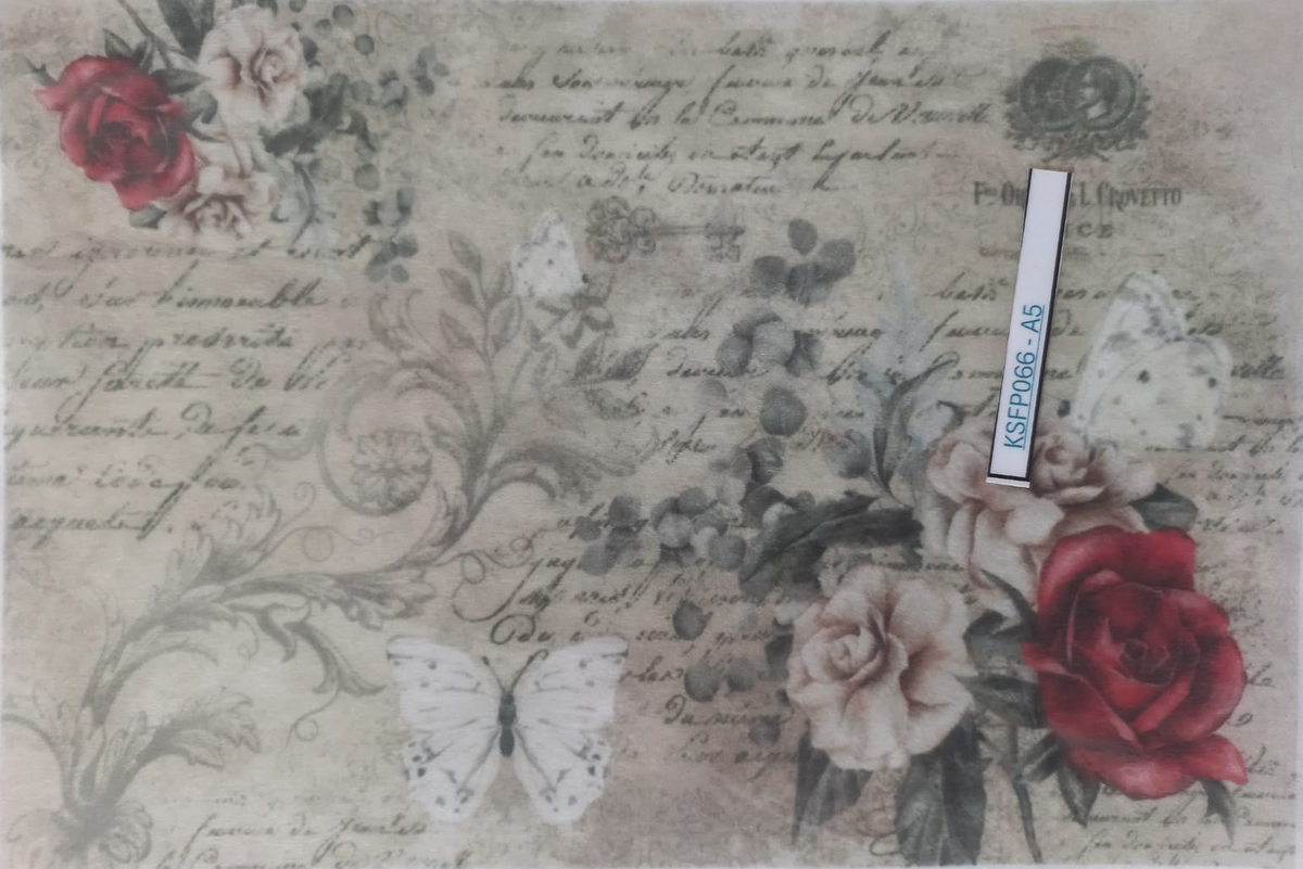 A vintage-style decorative print or card featuring red and cream roses, white butterflies, cursive script, and floral scrollwork on a beige background, photographed against a white backdrop with a small vertical label reading 457888-45.