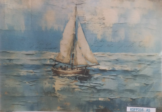 A watercolor painting of a sailboat on a blue sea under a cloudy sky, mounted on a white backing with a small label in the bottom right corner.