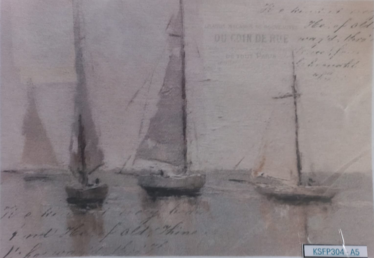 A vintage-style printed artwork or postcard showing several sailboats on calm water, with faint handwritten text across the surface. The item appears photographed through a protective sleeve, with a small label at the bottom right reading K5FP304-A5.