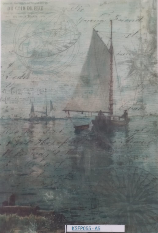 A vintage-style nautical art print featuring a sailboat on water with faint script and cartographic designs, shown inside a clear protective sleeve. A white label at the bottom reads 'KSFP055-A5'.