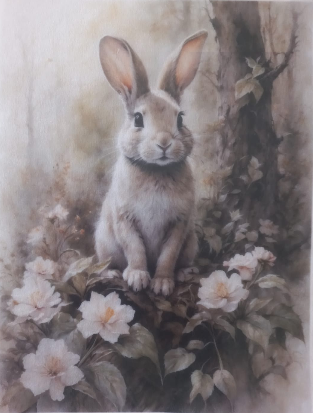 A square art print or poster featuring a detailed illustration of a small gray-brown spring bunny sitting among white flowers and green leaves, with a soft beige background and decorative text along the top and bottom borders.