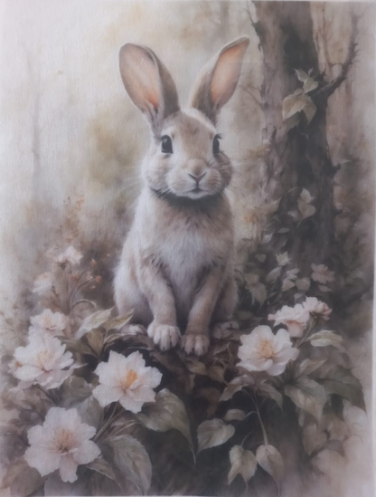 A square art print or poster featuring a detailed illustration of a small gray-brown spring bunny sitting among white flowers and green leaves, with a soft beige background and decorative text along the top and bottom borders.