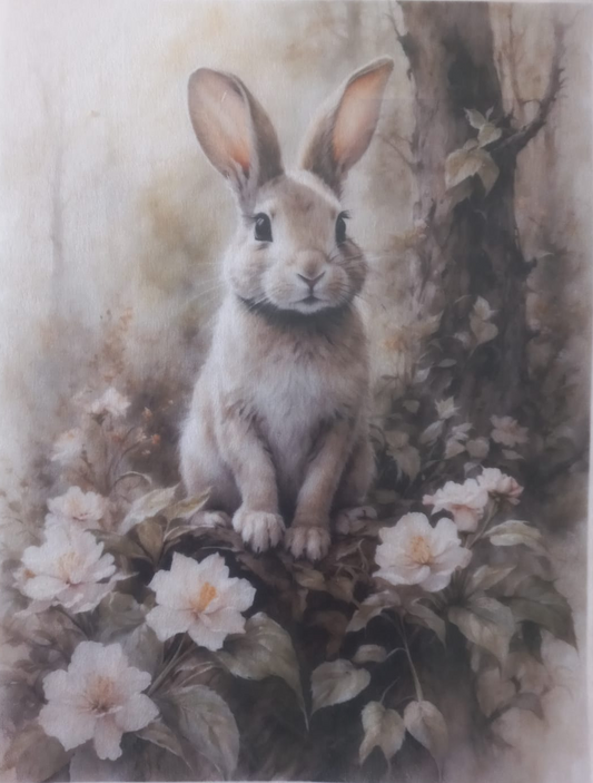 A square art print or poster featuring a detailed illustration of a small gray-brown spring bunny sitting among white flowers and green leaves, with a soft beige background and decorative text along the top and bottom borders.