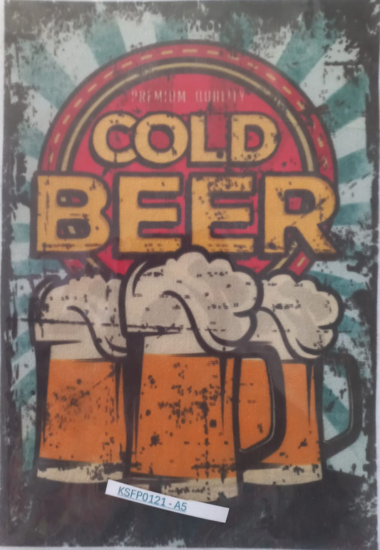 A rectangular printed sign or poster with a distressed retro design reading 'COLD BEER' above three foaming beer mugs. The artwork has teal, red, orange, cream, and black tones, and the sign is photographed against a light gray background with a small label attached near the bottom.