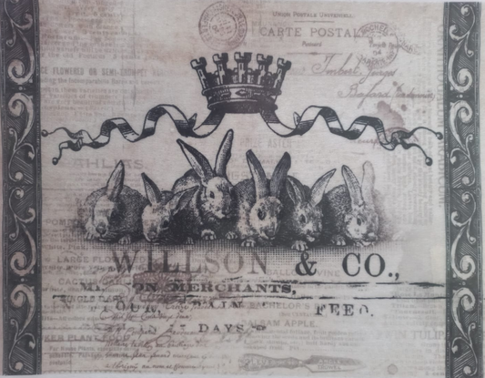 A vintage-style printed card or decorative sheet featuring a row of rabbits in profile, with decorative borders, old newspaper text, and the words 'Allison & Co.' printed prominently.