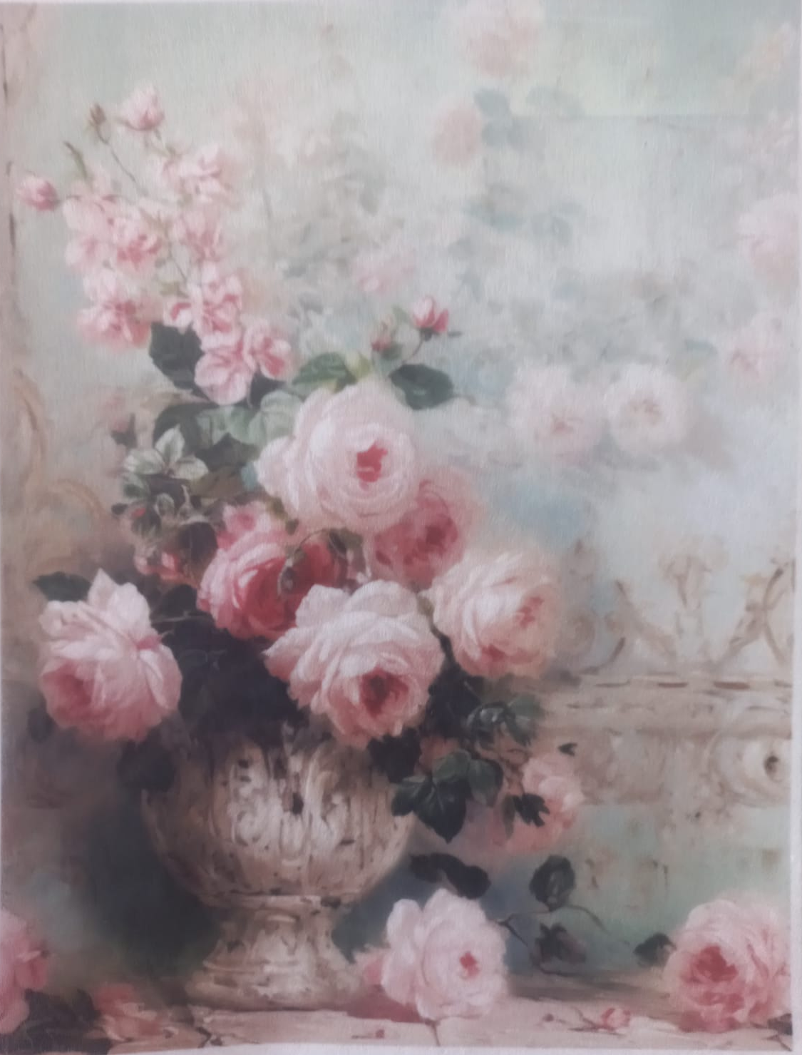 A vintage-style floral print or poster featuring a large bouquet of pink roses in a white urn, with a soft pastel background and the word 'Cavali' repeated along the bottom margin.