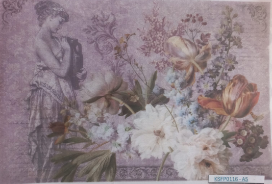 A rectangular decorative art print or textile panel featuring a vintage-style illustration of a woman on the left and a large floral arrangement on the right, in muted lavender, beige, white, and brown tones. The print is photographed against a white background with a small label at the bottom right reading KSF0116-A5.