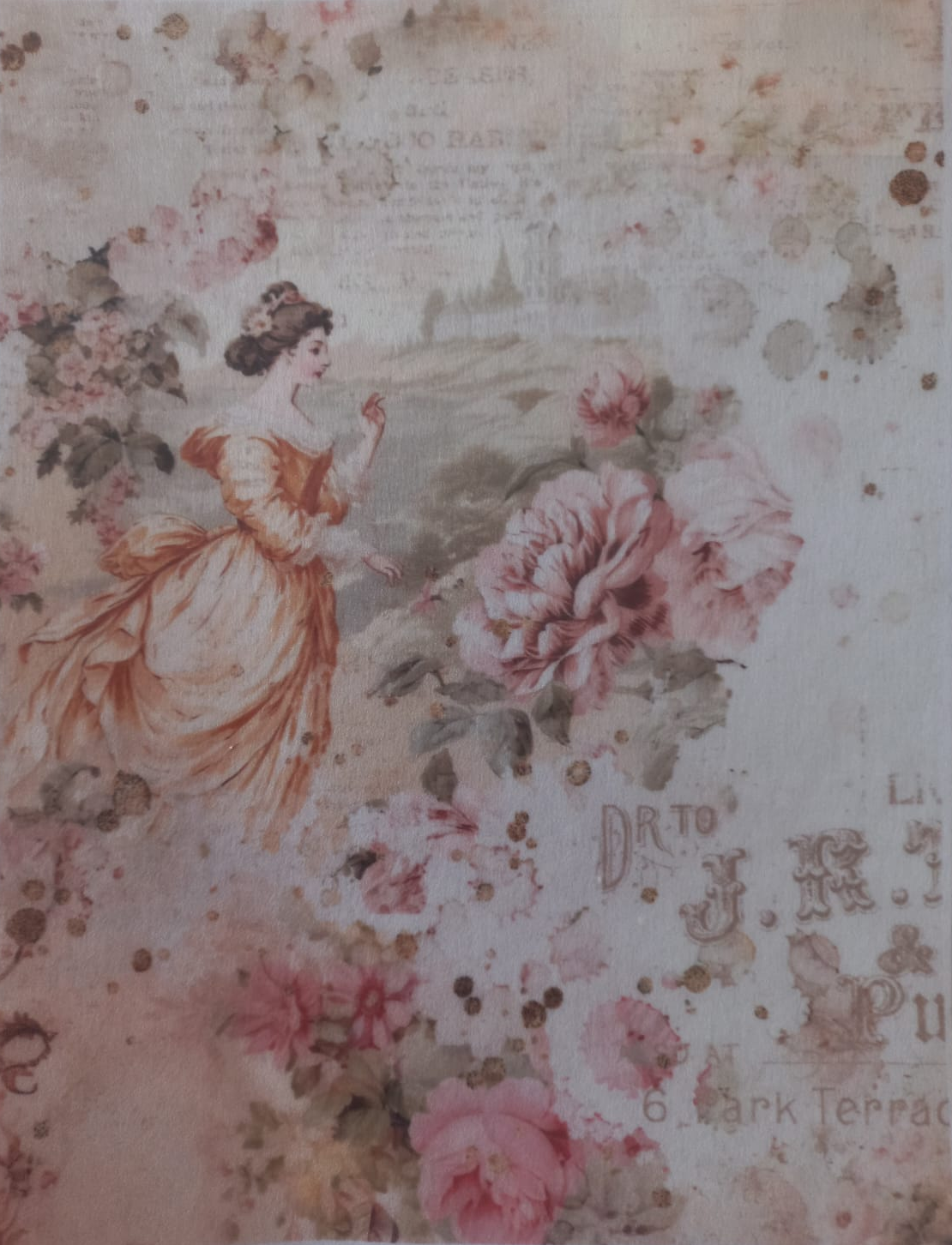 A vintage-style decorative print or card featuring a woman in a flowing pale pink dress among large pink flowers, with faded script text and watercolor-like washes on an off-white background. The brand name 'Gryfe' is visible along the top and bottom borders.